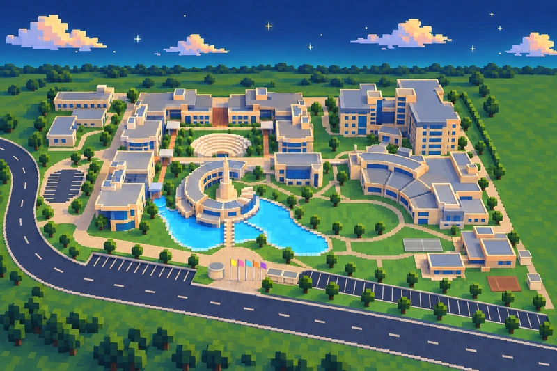The new campus from above at dusk in voxel pixel art: the ring building with its tall cone spire, two joined lagoons in front, the amphitheatre behind, the stepped crescent building on the right, car parks, the round gate plaza with flag poles and the curving front road
