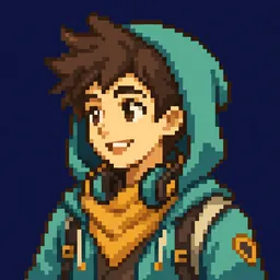 The campus guide, a pixel-art student in a teal hoodie and amber scarf